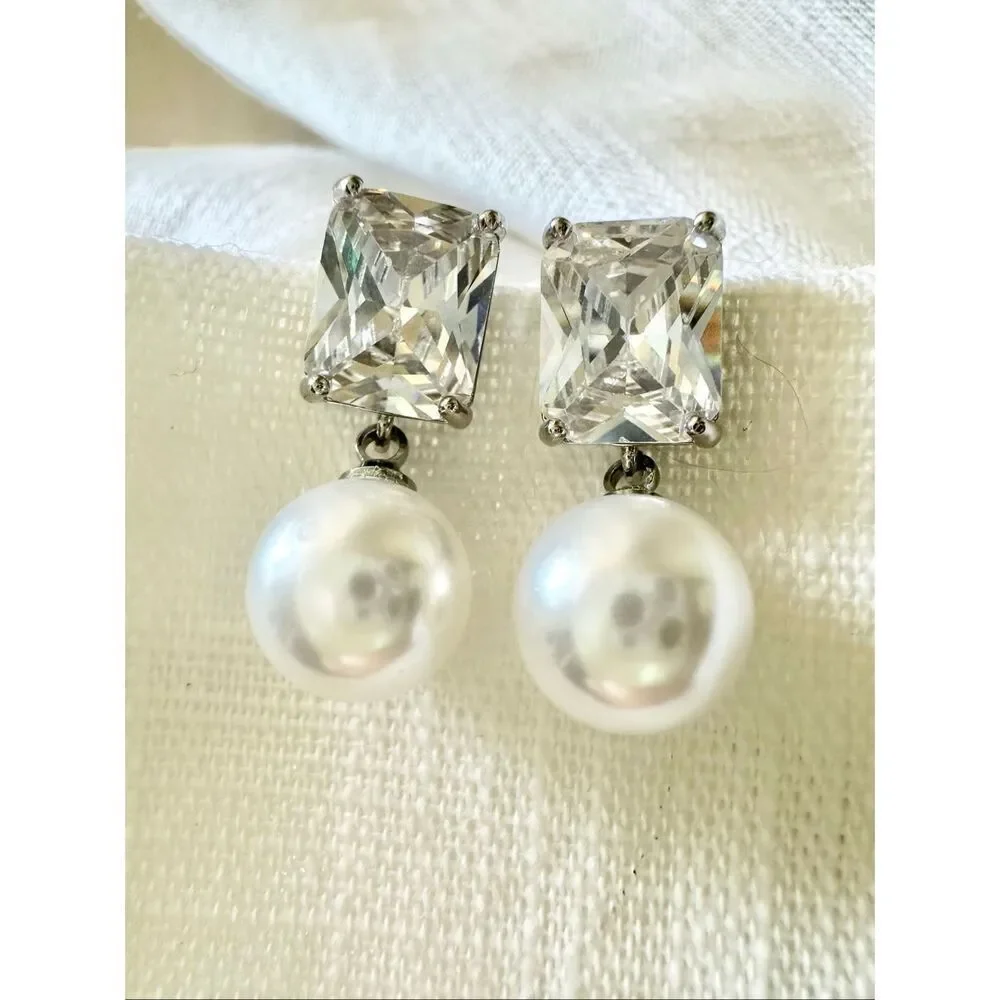 Super sparkly elongated radiant cut cubic zirconia faux pearl drop dangle earrin